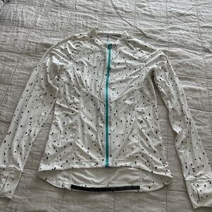 White Long-Sleeve Cycling Jersey with Black Dots women’s Small